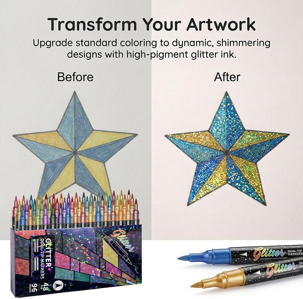 24/48/72/96 Colors Glitter Effect Brush Markers, 2026 New Glitter Dual Tip Markers, Professional Glitter Paint Pens Set for Adult Coloring Books, Journals, Card Making & DIY Crafts (24 Colors)