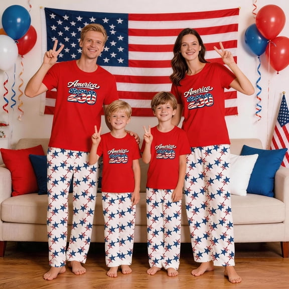 HTHLVMD Family Matching Sleepwear, Usa Independence Day Pajamas, Short Sleeve Star Loungewear, 250th Anniversary American Flag Matching Family Pajamas, 4th of July Short Sleeve Pjs Set, 12 Months
