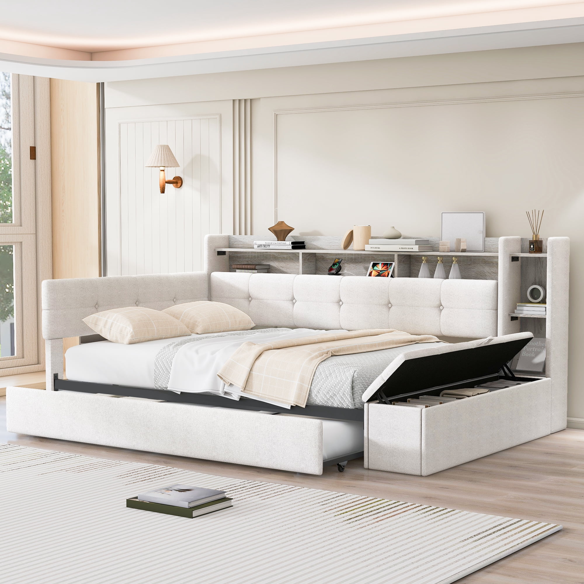Euroco Upholstery Twin Size Daybed with Trundle, Storage Sofa Bed with Footstool and Shelves, LED Light and USB Charging, Beige