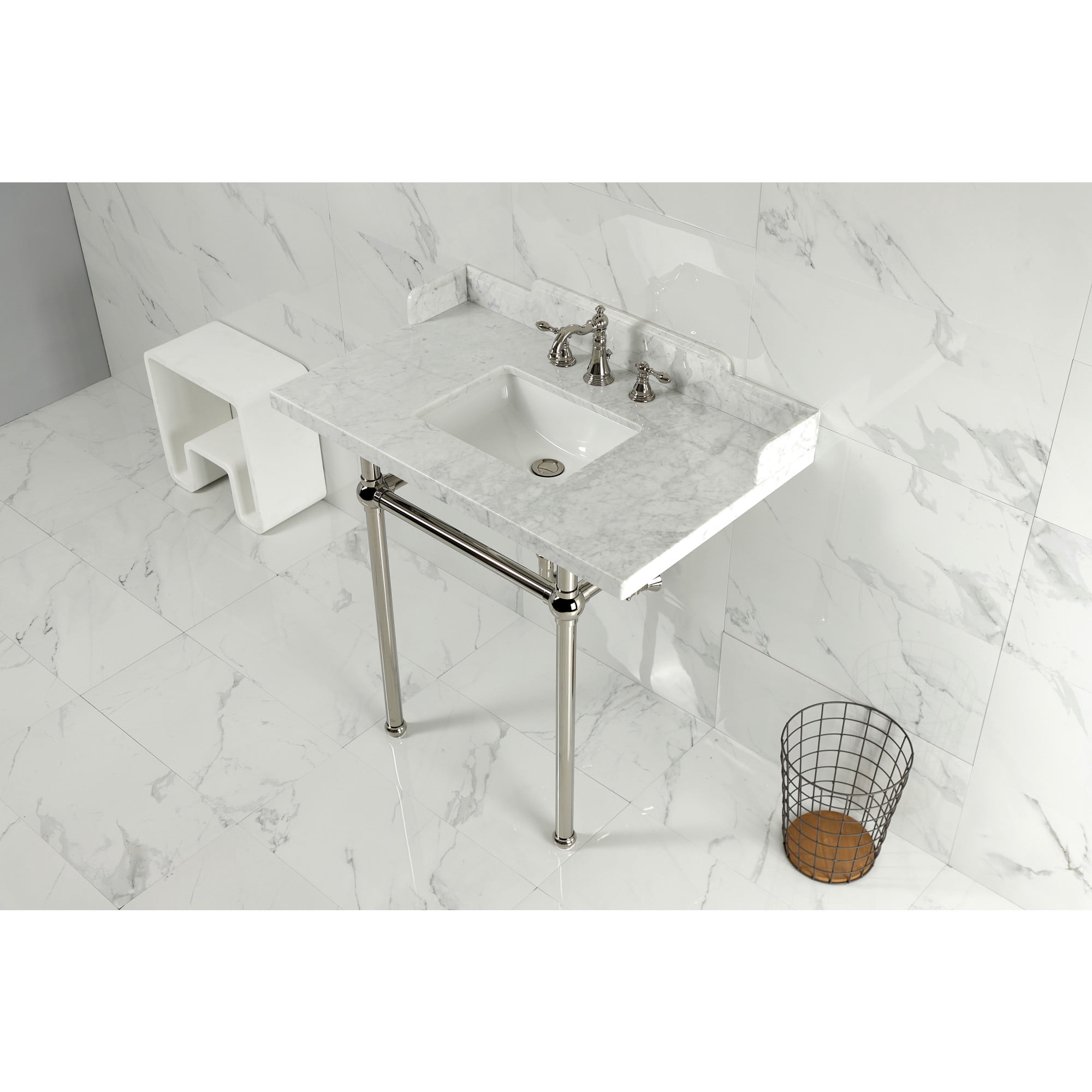 Kingston Brass LMS36MBSQ6 Pemberton 36" Carrara Marble Console Sink with Brass Legs (8-Inch, 3-Hole), Carrara Marble White/Polished Nickel