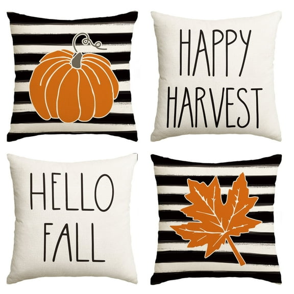 Sm:)e Watercolor Stripe Pumpkin Maple Leaf Hello Fall Pillow Covers 4 Set 18 x 18 Outdoor Cushion Case