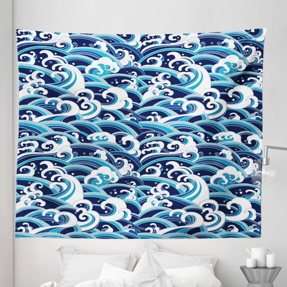 Japanese Wave Tapestry, Traditional Eastern Pattern with Waves of Water Foam Splashes, Fabric Wall Hanging Decor for Bedroom Living Room Dorm, 5 Sizes, Pale Blue Navy Blue, by Ambesonne