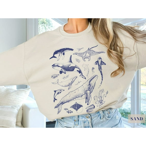 Underwater Sea Animal Vintage Crewneck Sweatshirt | Gift For Marine Biologist/Ocean/Sealife/Nature Lover | Humpback Orca Jellyfish Pullover