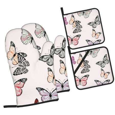

Pofeuu Beautiful Butterfly Print Oven Mitts and Pot Holders 4 pcs Set High Heat Resistant 500 Degree Extra Thicken Long Kitchen Cotton Oven Glove for Cooking