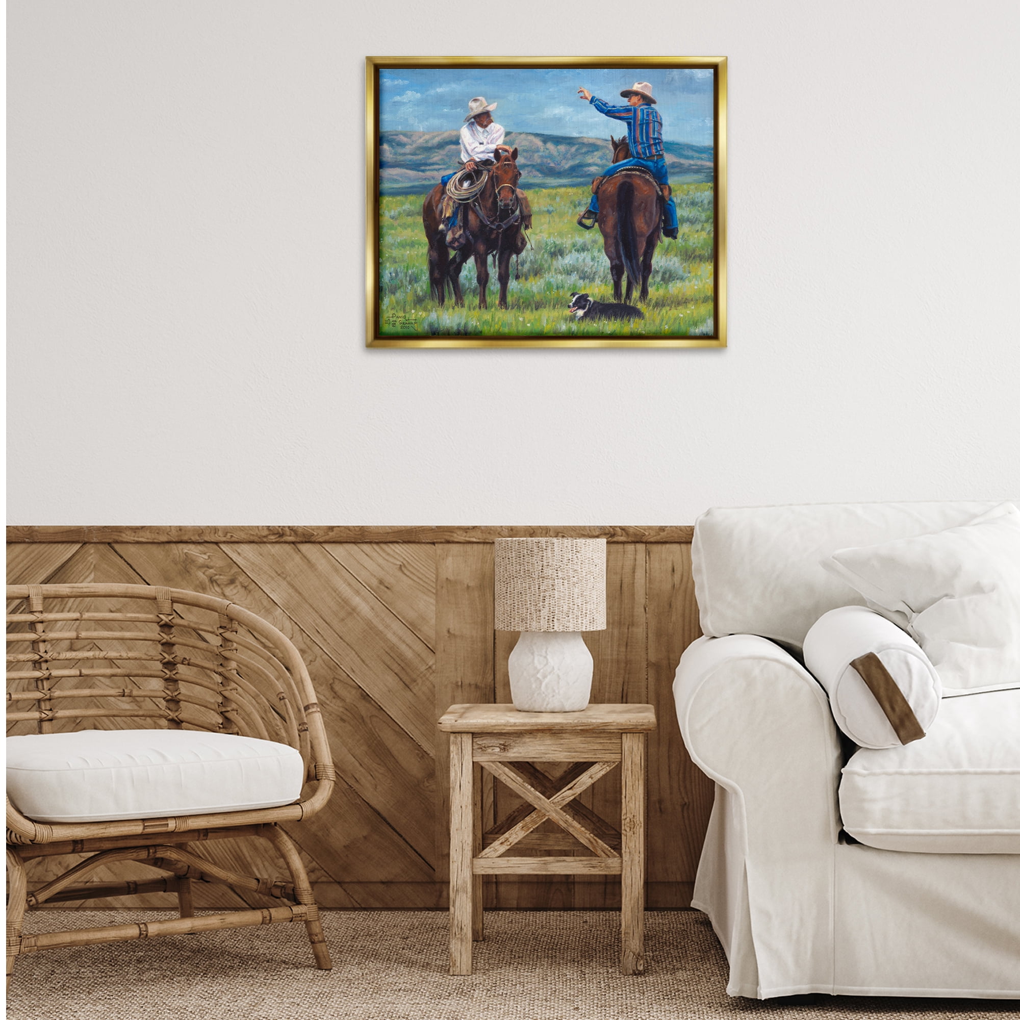 Stupell Industries Cowboy Logic Scene Animals & Insects Painting Gold Floater Framed Canvas Art Print Wall Art, 31 x 25