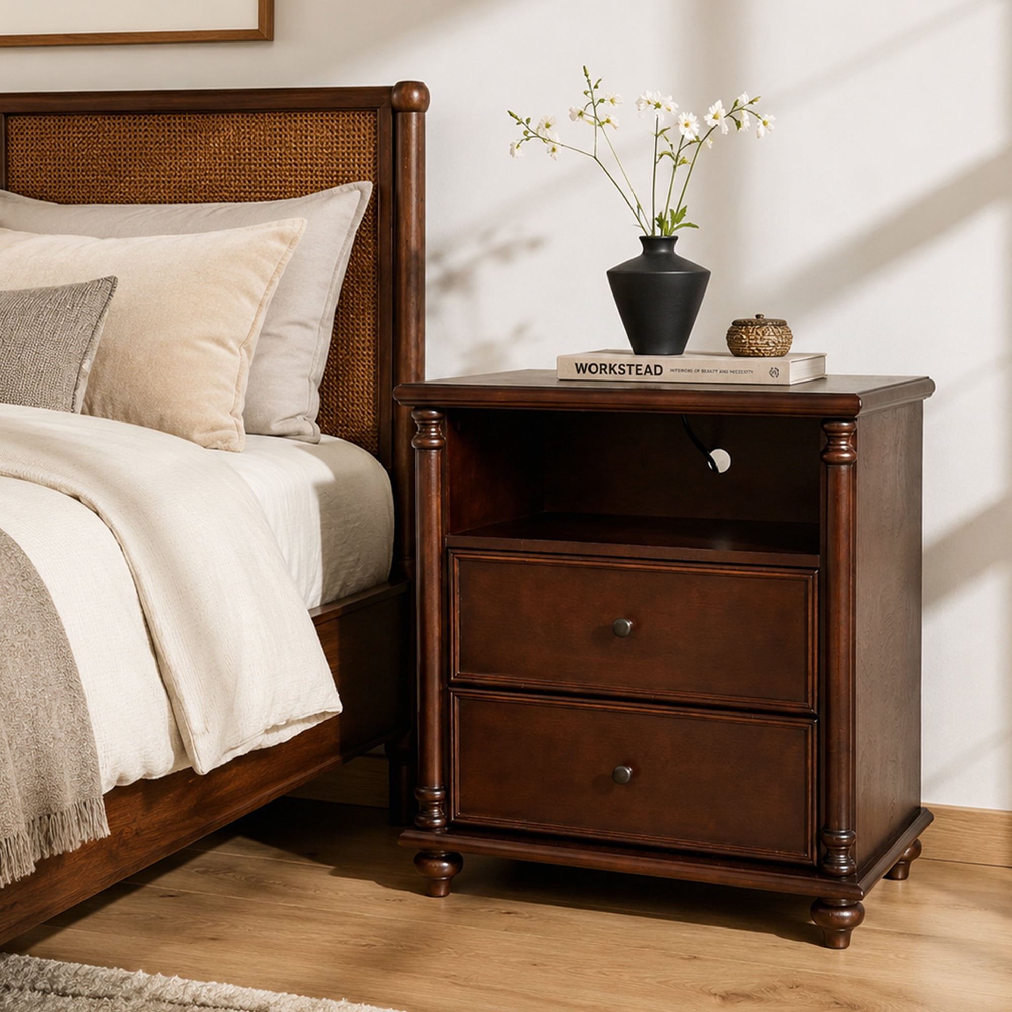 28" Nightstand with Charging Station, Rustic Brown Nightstand, 2 Drawers End Table, Bedside Table Walnut for Bedroom