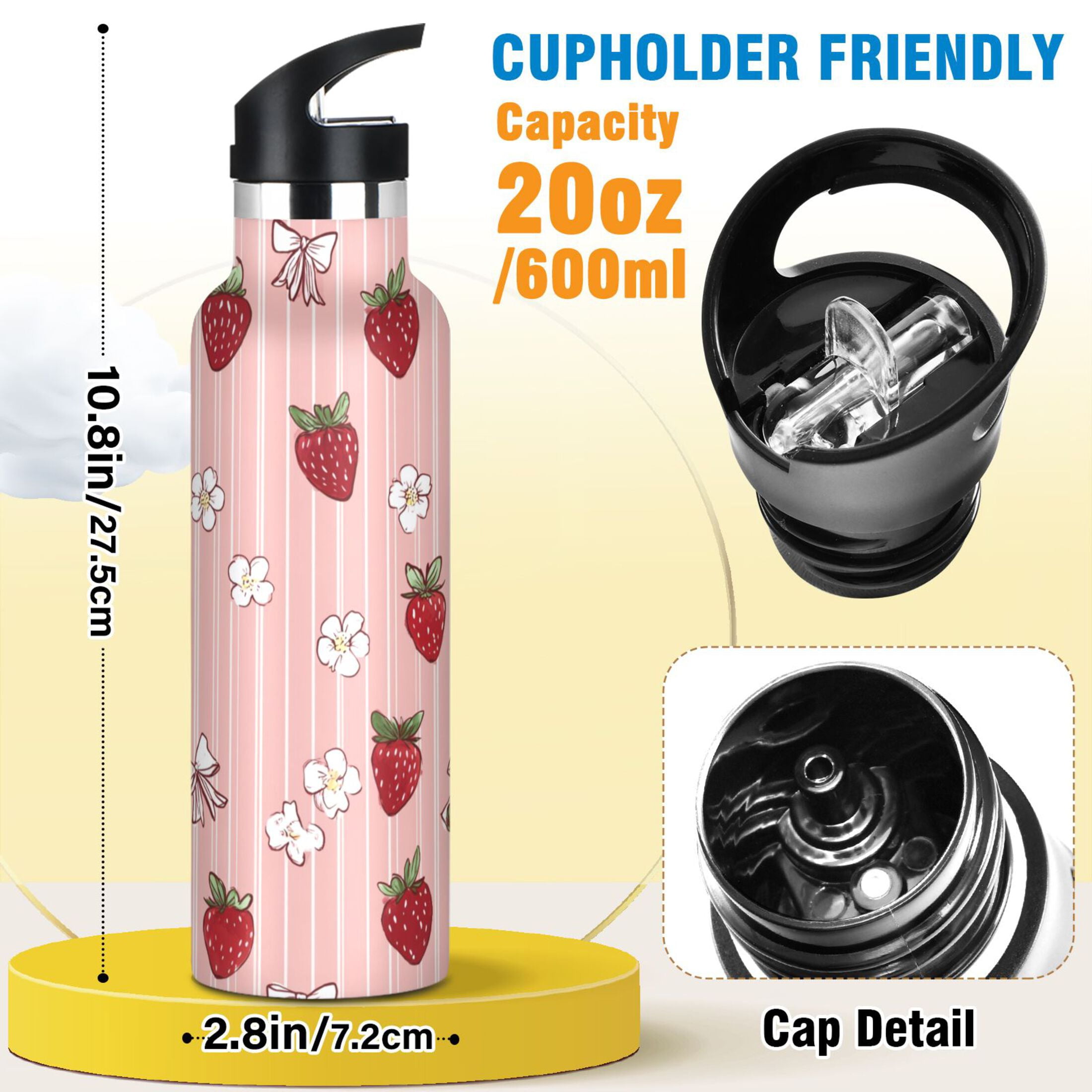 Kids Insulated Stainless Steel Sports Water Bottle 600ml (20oz) Strawberry and Flower
