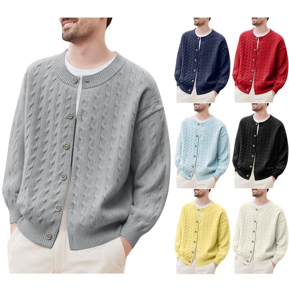 Miluxas Men's Fall Winter Button Sweater Round Neck Loose Inner Layer Knit Sweater Cardigan Yellow XL(XL)