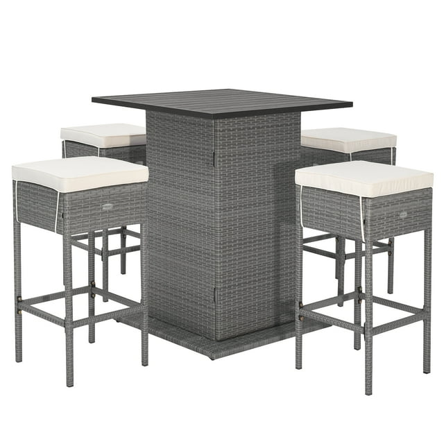 Gymax Ensemble de 5 Pcs de Table de Bar en Osier avec Étagères de Rangement Cachées Table de Bar Tabourets Patio