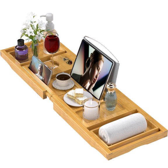 Bamboo Bathtub Tray Caddy, Expandable Bath Trays for Tub,Shelf & Table with Wine Glass Holder,Bathroom Accessories for New Home & Mothers Day & Birthday Gifts for Mom
