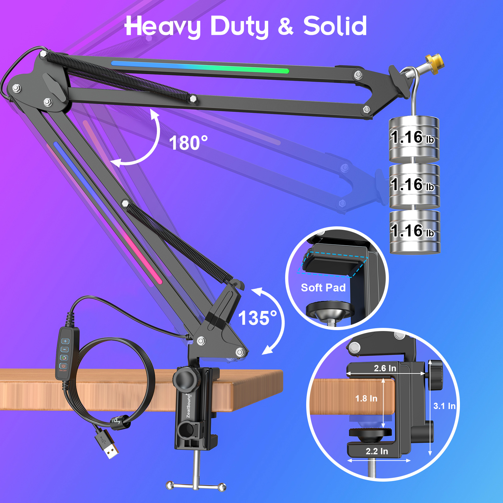 ZealSound RGB Microphone Boom Arm Stand with Metal Construction photo 4