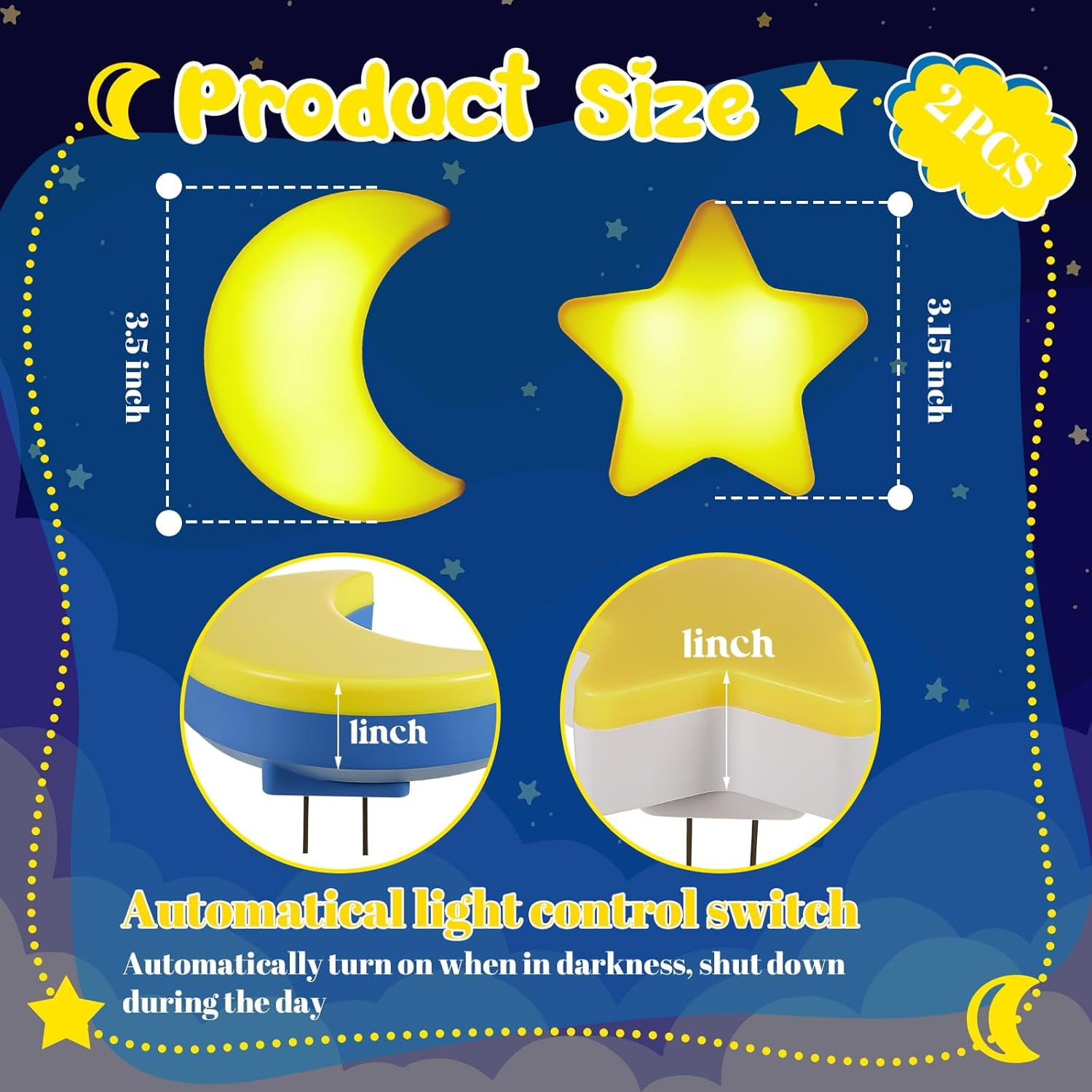 RGHJAR-2 Pack Night Light Plug into Wall Soft LED Night Light Cute Wall Nursery Lamp Warm Sensor Plug-in Intelligent Nightlight for Bedroom Hallway(Star, Moon,Yellow)