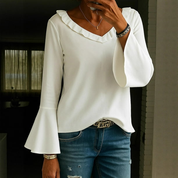 HongQid Women's Casual V Neck Tiered Ruffle Bell Long Sleeve Blouse Shirt Tunic Top
