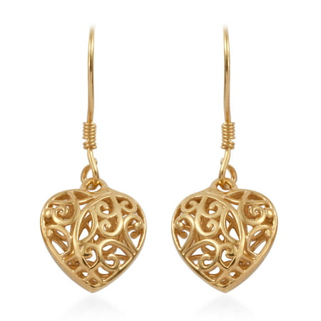 14K Yellow Gold 925 Sterling Silver Openwork Dangle Drop Heart Valentines Earrings Gift Jewelry for Women