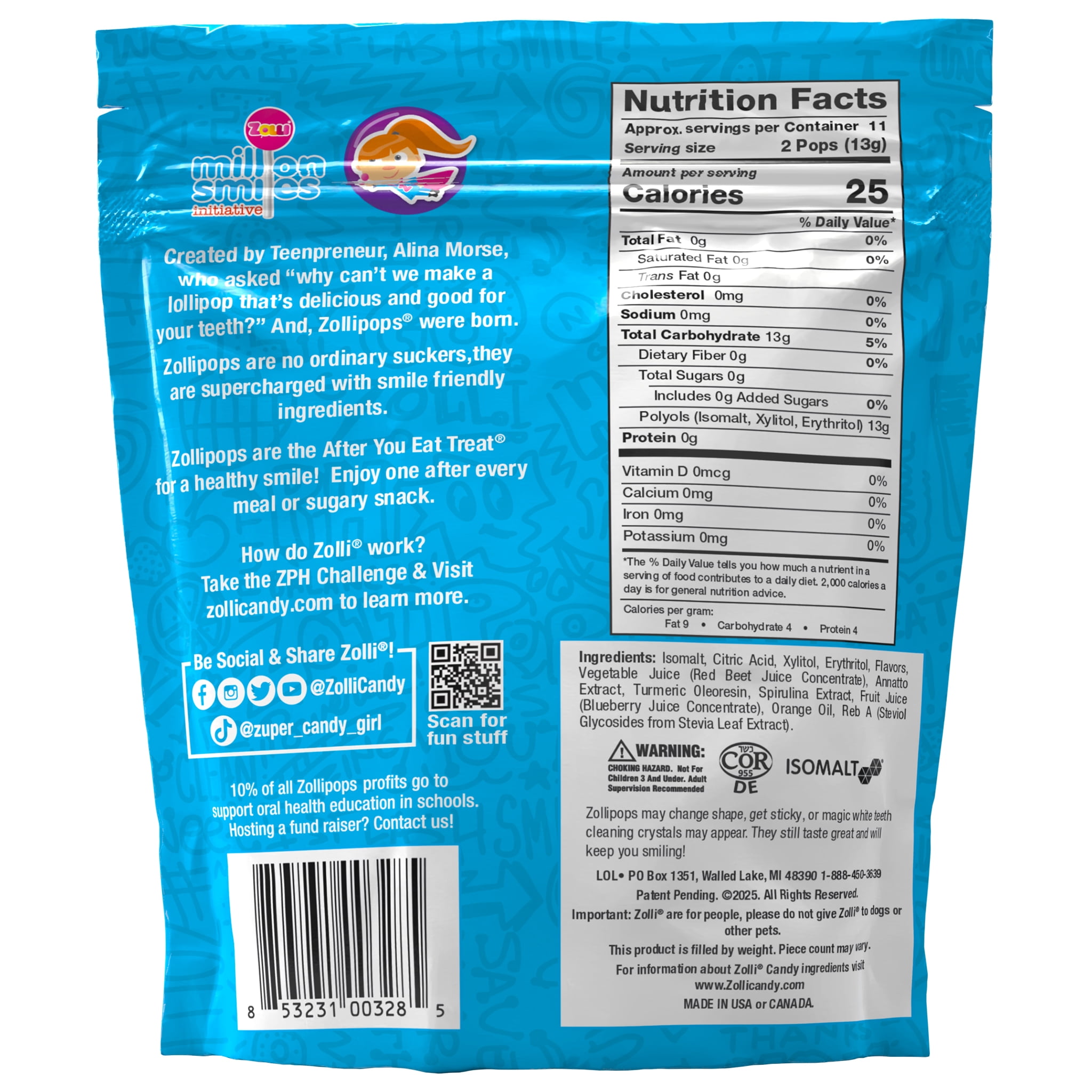 ZOLLIPOPS Lollipops, Sugar Free Candy, Allergen Free with Natural Fruit Flavor, Keto, Vegan 5.2 oz