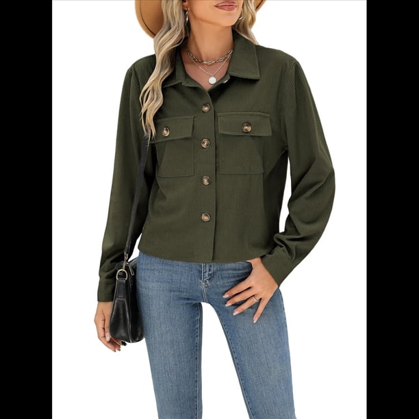 Chaquetas de con Botones para Mujer, Camisetas de Larga, Tendencia 2025 Verde L