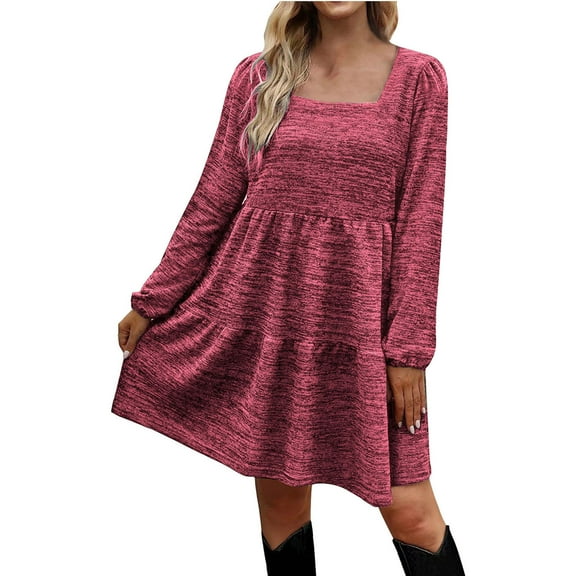 Womens Square Collar Long Sleeve Dress Solid Color Ruffle Fall Spring Dresses Casual Loose A Line Flowy Mini Dress
