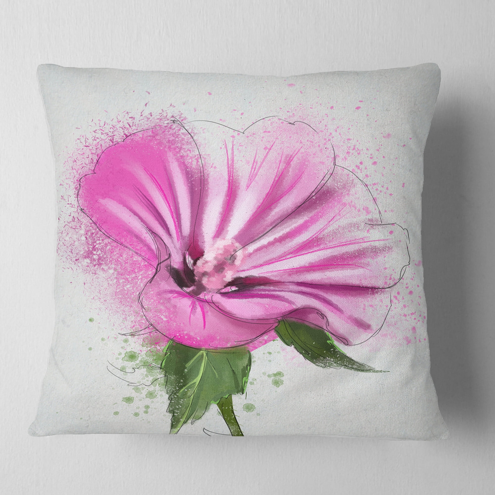 Designart Full Bloom Pink Flower with Leaves - Floral Throw Pillow - 18x18
