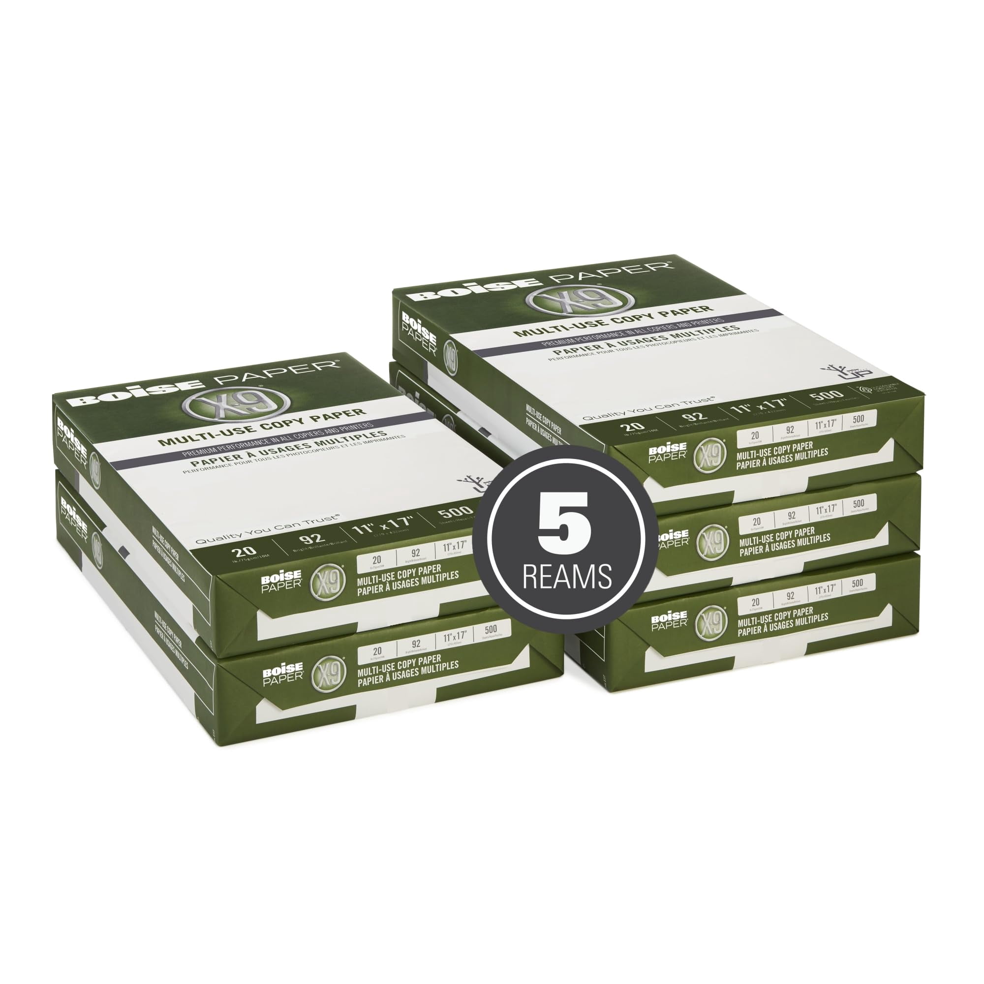 Boise X-9 Copy Paper, 92 Brightness, 11" x 17", White (2500 Sheets Per Carton)