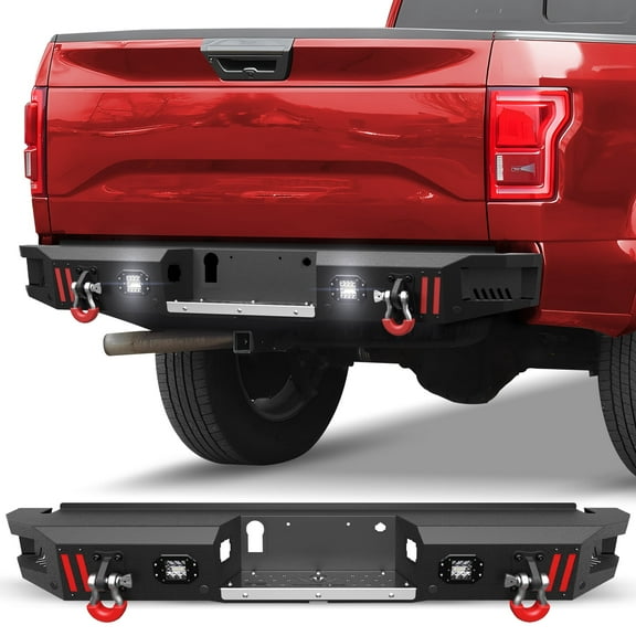 POFENZE Rear Bumper for 2015-2025 Ford F-150 Black Pickup Truck F150 Bumper Include Lights and D-rings
