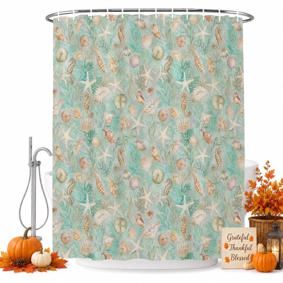 Nautical Coastal Shower Curtain, Waterproof Shower Curtains for Bathroom, Ocean Starfish Conch Coral Seahorse Green Washable Fabric Bathtub Curtain Set Bath Decor with 12 Hooks 48"x72"