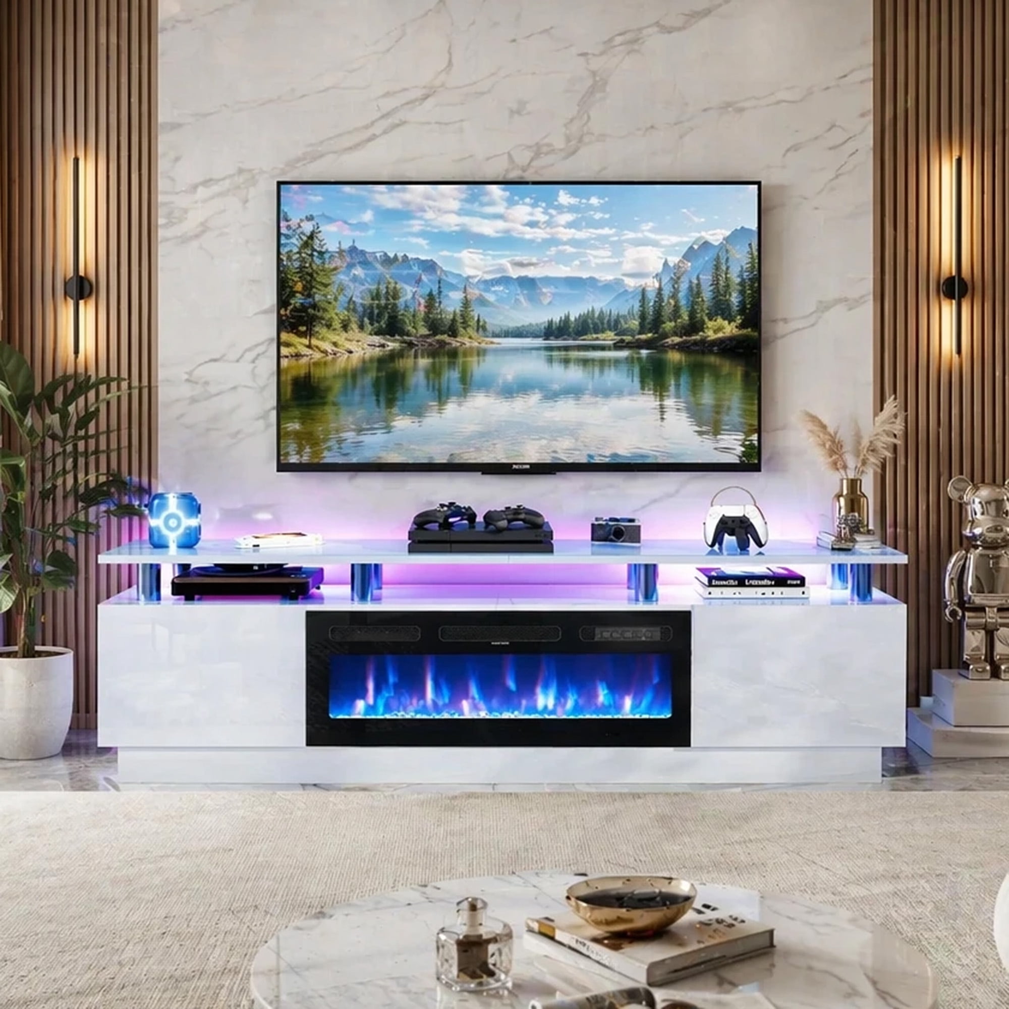 Oneinmil Fireplace TV Stand with 36” Electric Fireplace, Entertainment Center for TVs up to 90", LED Lights Entertainment Center, TV Console, White