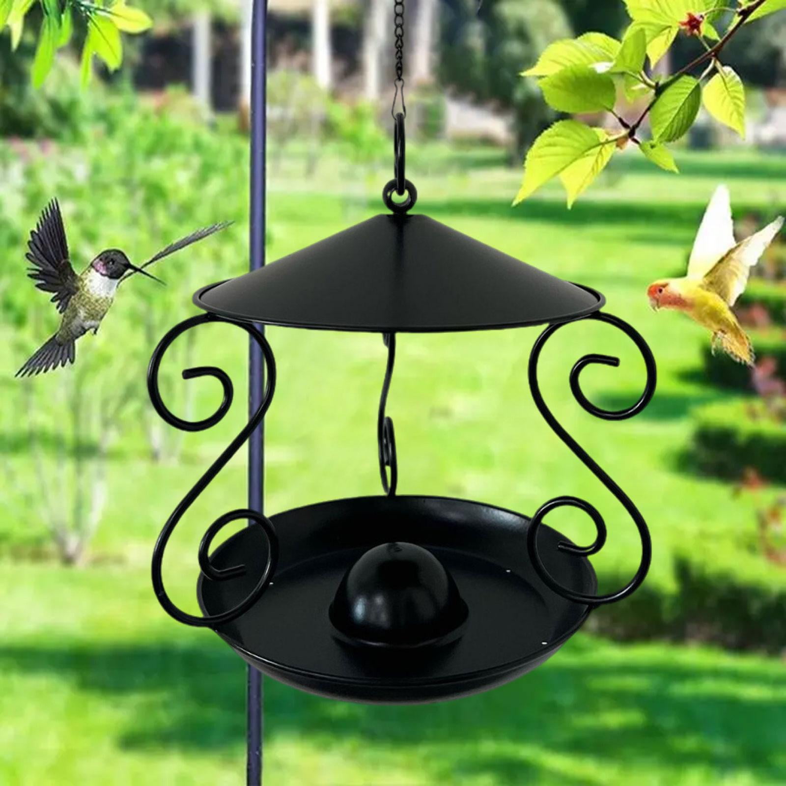 CarpNettore Metal Roof Bird Feeder Feeding Bowl with Rain Cover for Balcony Outside Tree black