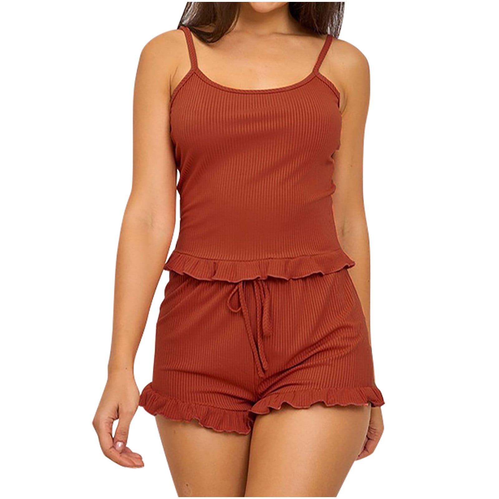 Owordtank 2 Piece Shorts Set for Women Solid Color Striped Loungewear