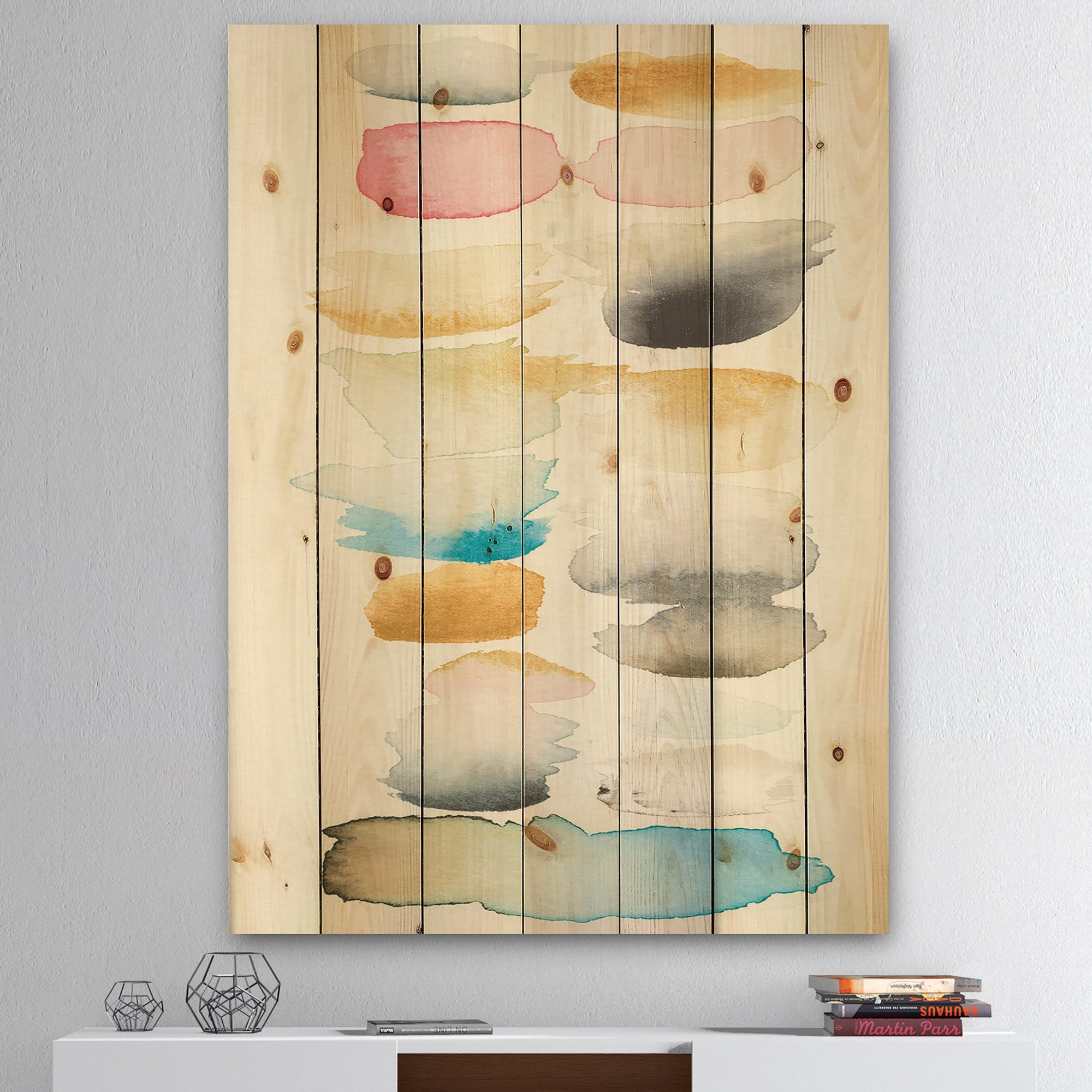 Designart 'Watercolor Geometric Swatch Element II' Mid-Century Modern Print on Natural Pine Wood