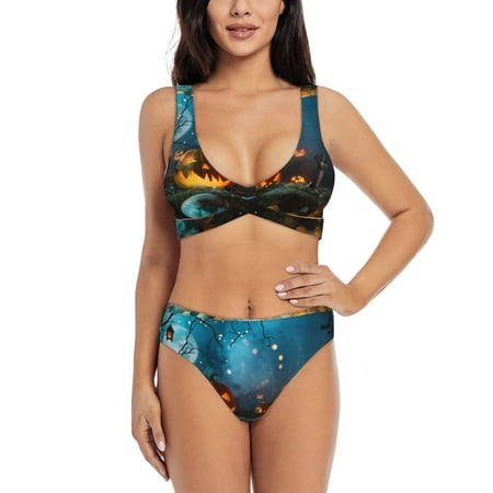 Zeuib Spooky Halloween High Waisted Tummy Control Bikini Set - Knot Front Push Up Top & Cheeky Thong Bottom  Two-Piece Swimsuit for Women-X-Large