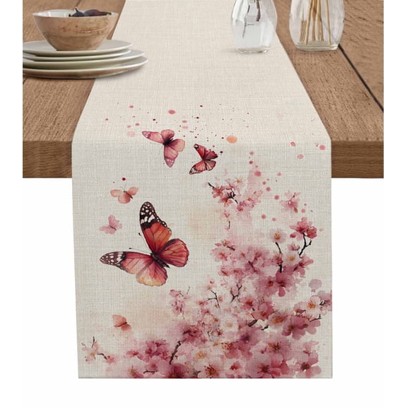 Pink Butterfly Table Runner 60 Inches, Vintage Pastoral Spring Flowers Floral Bed Runner Dresser Scarves Tabletop for Indoor Outdoor Parties/Ceremony/Banquet, 13" x 60"