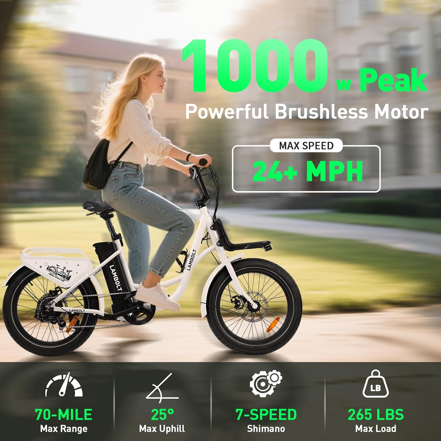 Electric Bike for Adults - 1000W Peak Motor Ebike with 48V 15Ah Removable Battery,7-Speeds  20" Fat Tire Electric Bicycle  Step-Thru Commuter Electric Bike, 24 MPH Max Speed | 70 Miles Range