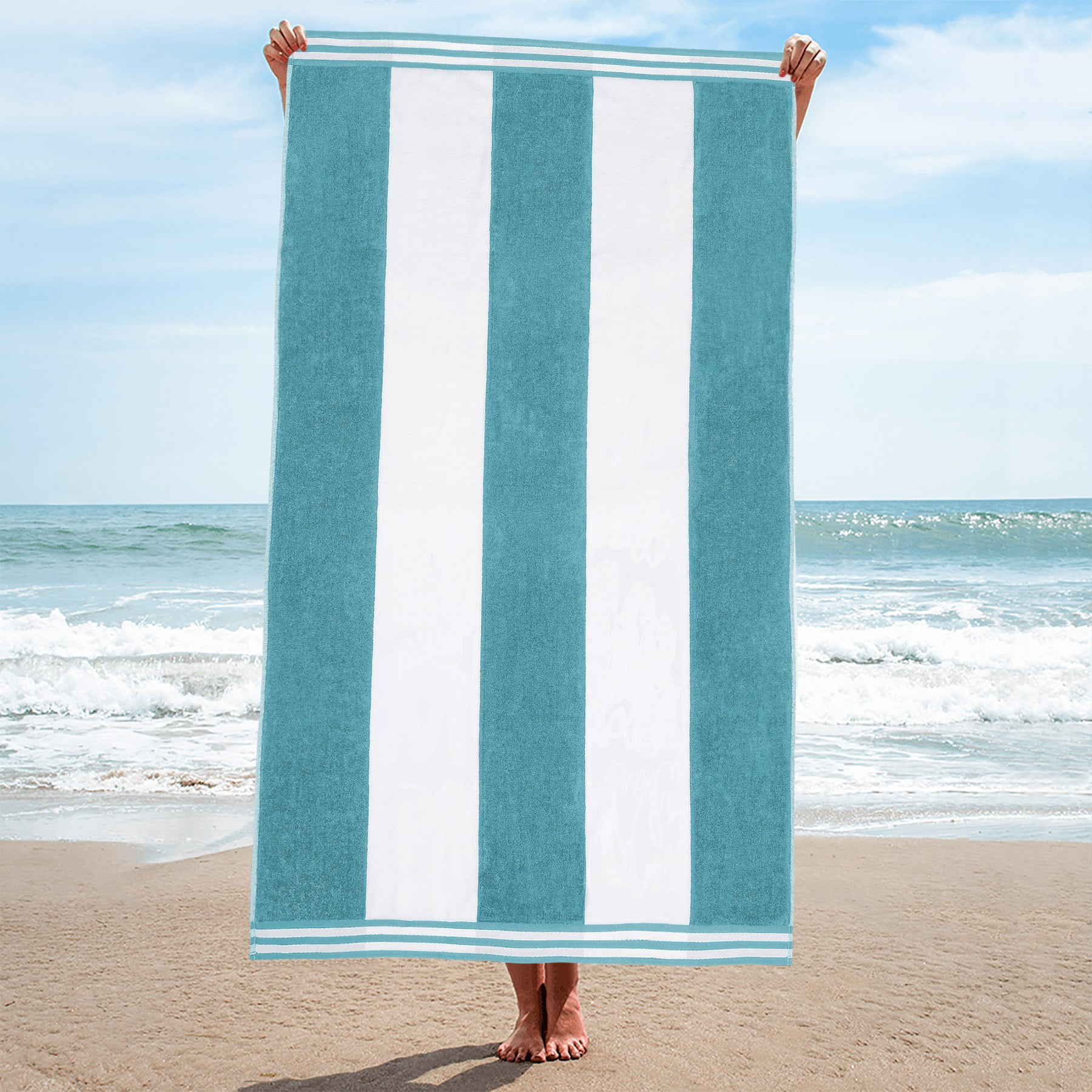 Superior Cabana Striped 1-Piece Oversized Cotton Beach Towel, Turquoise