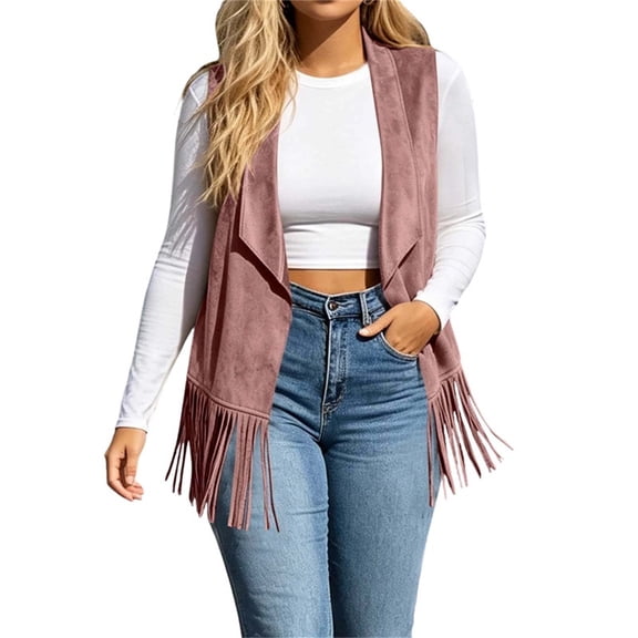 Womens Fringe Vest Lightweight Faux Suede Sleeveless Jackets Fall Layering Fashion Casual Tops for Travel Festival Pink XL