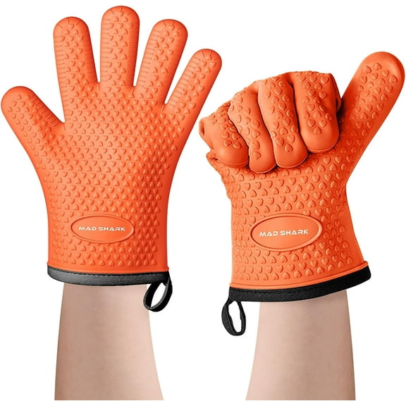 MAD SHARK Silicone Oven Mitts Heat Resistant 450 Degrees with Waterproof & Non-Slip Oven Gloves with Fingers, Silicone Oven Gloves Kitchen Mittens for Baking Cooking Barbecue (Orange)