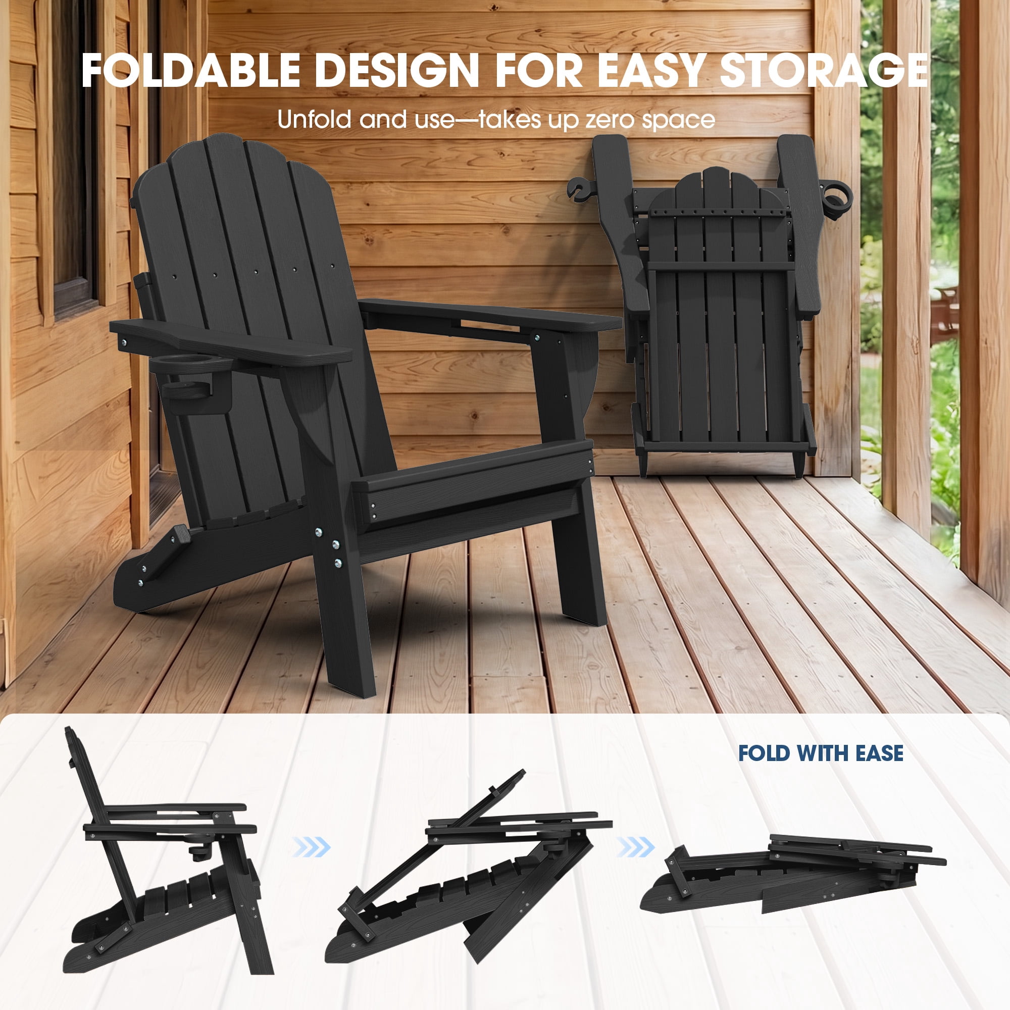 Adirondack Chairs Set of 4, Folding All-Weather HDPE Plastic Patio Chairs, Black