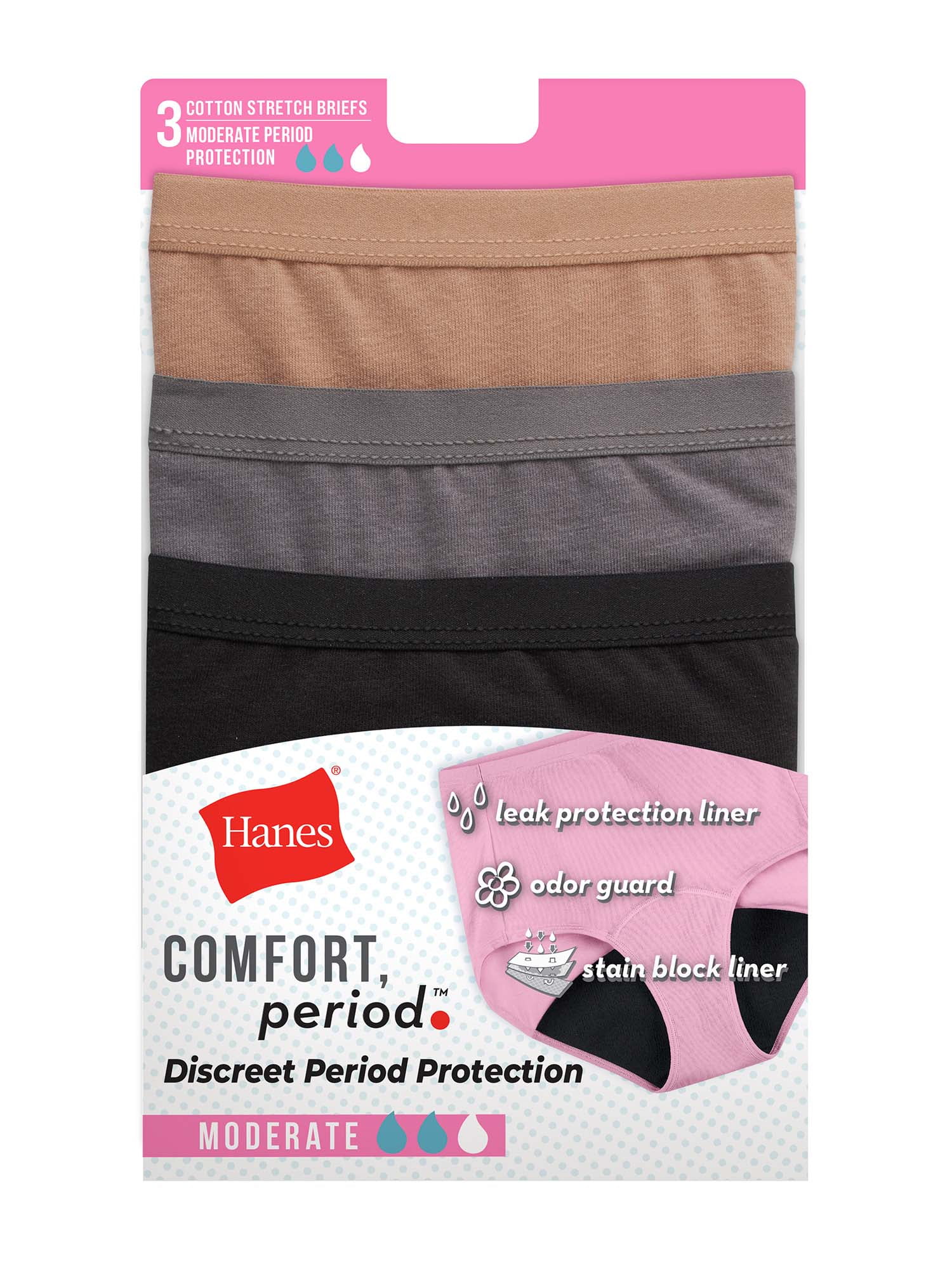 Briefs  Womens Hanes Hanes Comfort, Period.™ Moderate Period Women'S Brief  Underwear Pack, Moderate Leaks, Black/Assorted Blues, 3-Pack » Every Six  Weeks