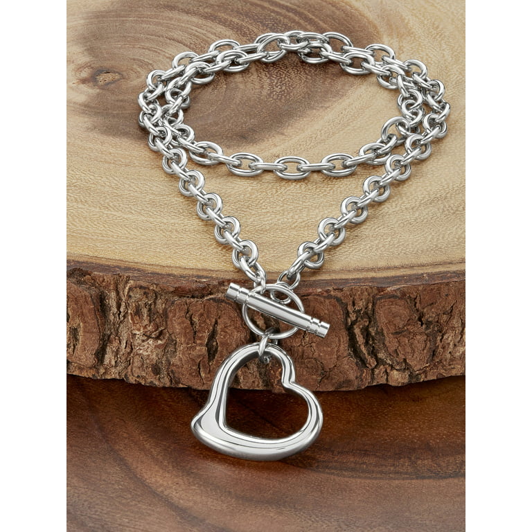 High Polished Stainless Steel Heart Charm Cable Chain Necklace with Toggle  Clasp (Length: 18) Silver