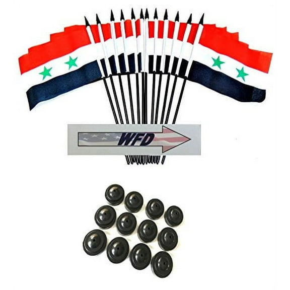 Pack of 12 4"x6" Syria Polyester Miniature Office Desk & Little Table Flags, 1 Dozen 4"x 6" Syrian Small Mini Handheld Waving Stick Flags with 12 Flag Bases (Flags with Stands)