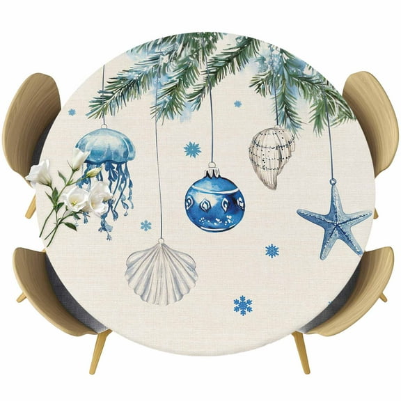 Blue Coastal Christmas Table Cloth, Round Fitted Tablecloths with Elastic Edge, Xmas Botanical Starfish Rustic Wipeable Waterproof Table Cover for Kitchen Wedding 36-44 Inches