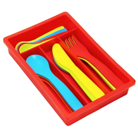 Kiddie Play Kitchen Utensils for Kids 17 Piece Toy Flatware Cutlery Set with Plastic Forks Spoons & Knives Pretend Play Kitchen Accessories with Storage Tray Organizer for Toddlers Red