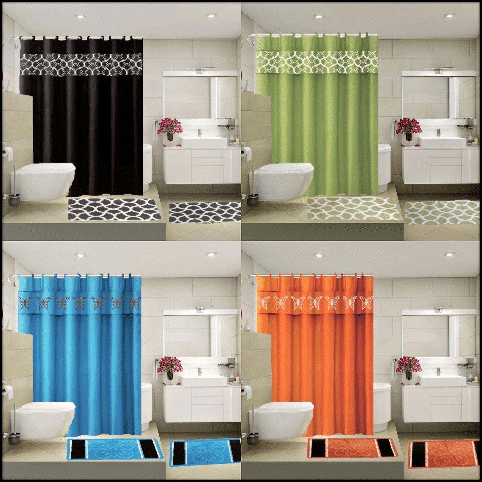 COMPLETE BATHROOM SET 2 BATH MATS 1 SHOWER CURTAIN &FABRIC HOOKS