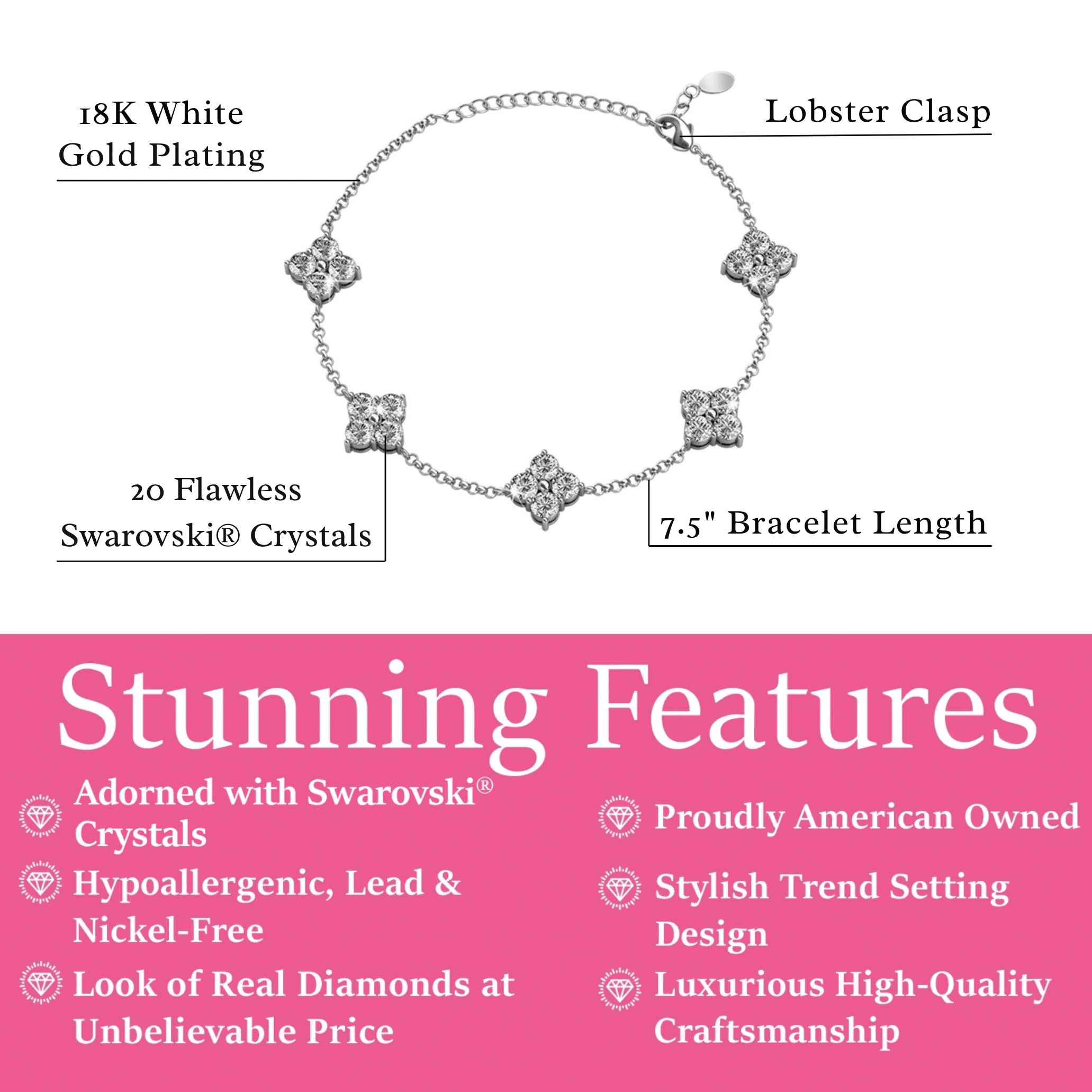 Cate & Chloe Adeline 18k White Gold Plated Chain Bracelet with Swarovski Crystal Clusters for Women