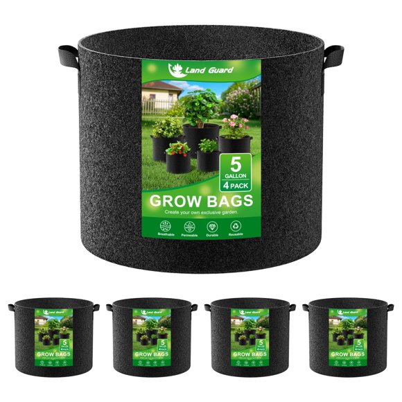 Bolsas de tela para cultivo Land Guard, 5 galones (18,9 L), paquete de 4, negras
