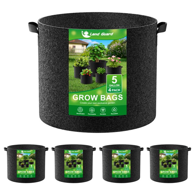 Bolsas de tela para cultivo Land Guard, 5 galones (18,9 L), paquete de 4, negras
