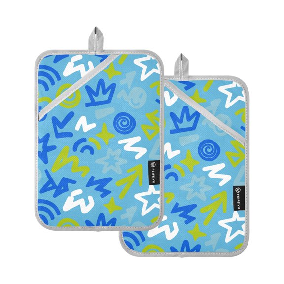 Blue Graffiti Pattern Potholders Heat Resistant Pot Holder Set of 2 Oven Hot Pads with Pocket