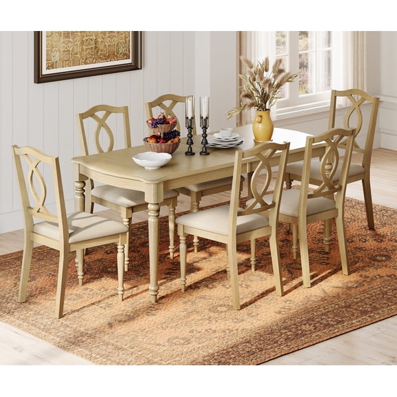 7 Piece Dining Table Set - Includes One Dining Table, 6 Wood Dining Chairs, Farmhouse Dining Set, Oak