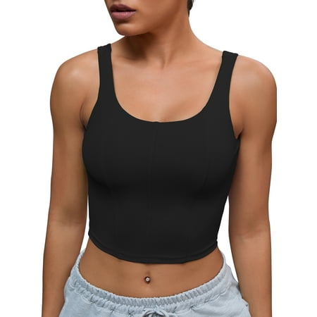 INSPIRE CHIC Womens U Back Longline Padded Sports Bra Cami Crop Workout Fitness Tank Top with Built in Bra M Black