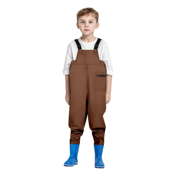 Gelikeya Boys Girls Waterproof Suspender Rain Pants Outdoor Rain Bib Overalls Reflective Adjustable Kids Rainy Pants Coffee 6-7 Years