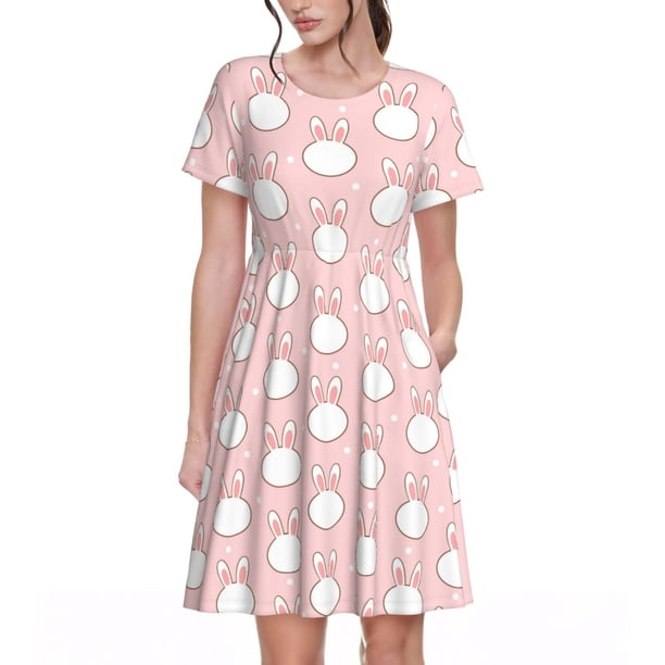 Balery Cute Rabbit Vestidos sueltos de manga corta para mujer, vestidos de verano 2025, vestidos casuales de corte A con vuelo.